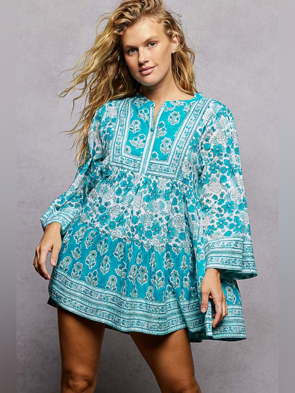 POL “ Blue Canyon “ Mini Dress 100% Cotton | Teal